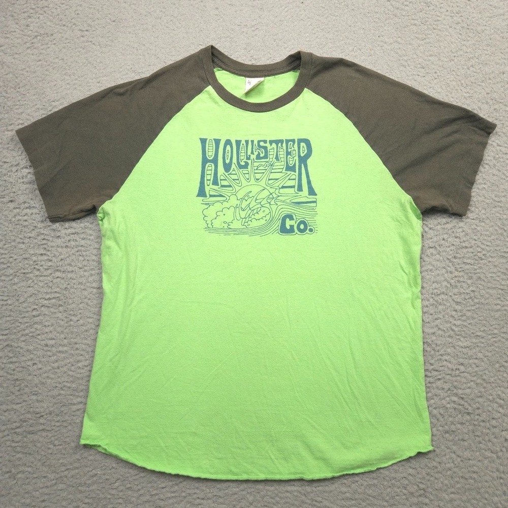 Hollister Graphic T Shirt Mens Large Green Raglan Cotton Crewneck Surf Logo Tee